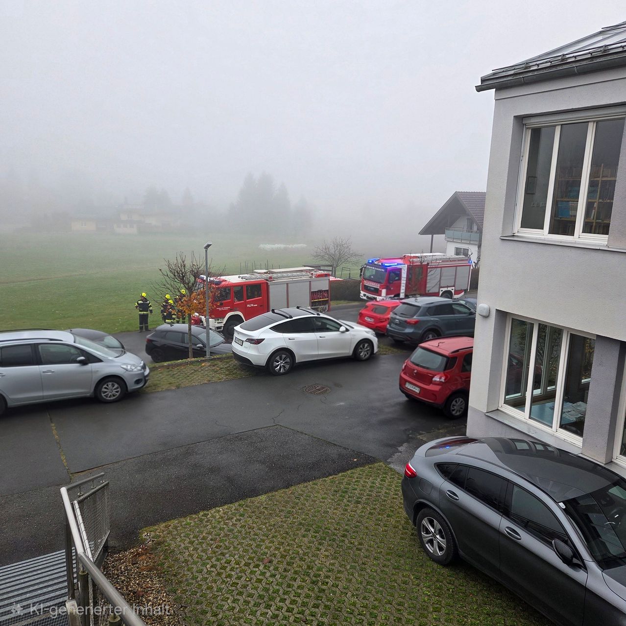 Eine neblige Szene mit mehreren Einsatzfahrzeugen, die in der Nähe eines Gebäudes geparkt sind. Mehrere Autos sind am Straßenrand geparkt.