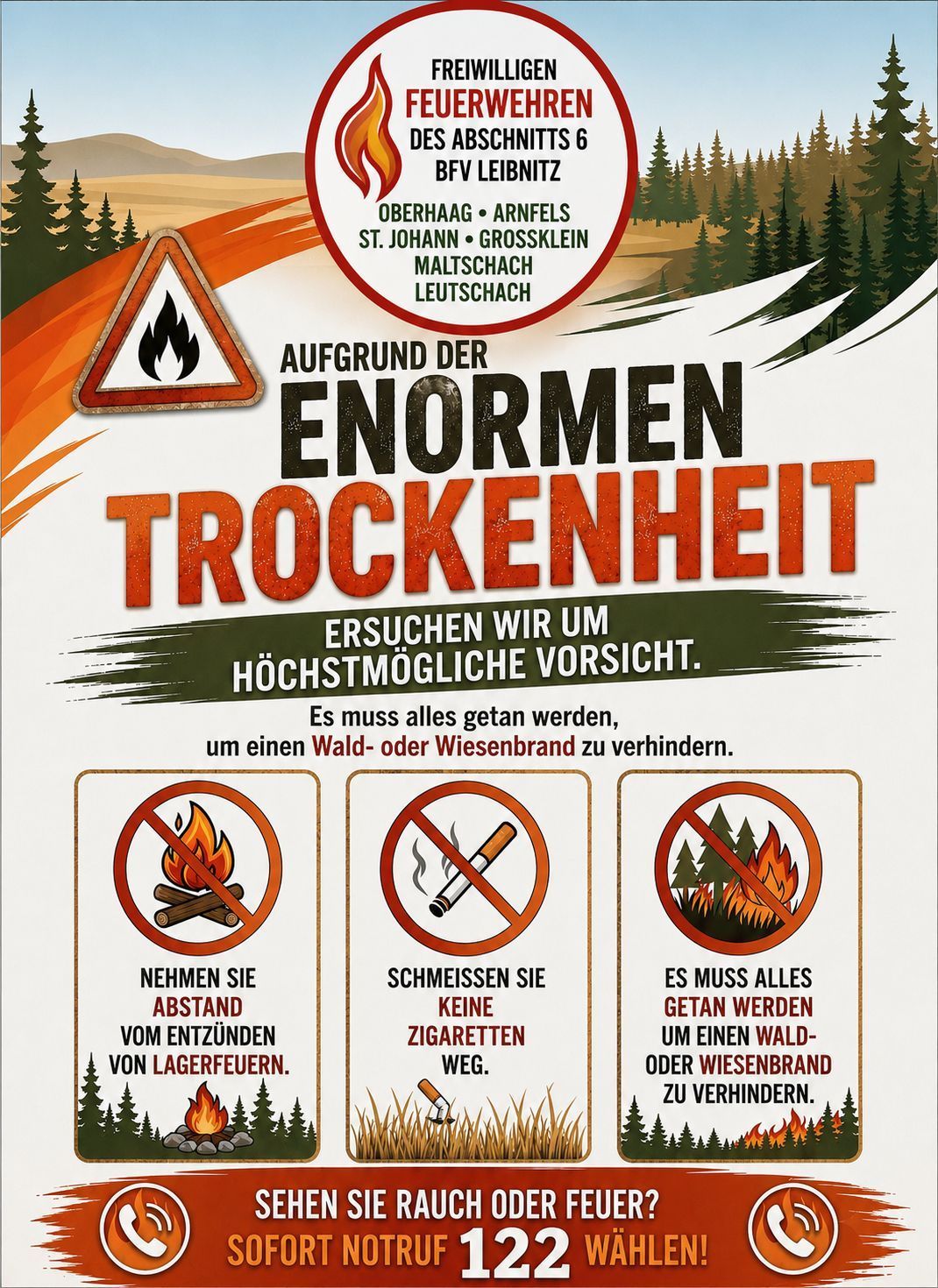 Poster with red background and forest image. It warns about extreme dryness and urges to take necessary precautions to prevent forest fires. Three icons: no campfire, no smoking, and no fire.