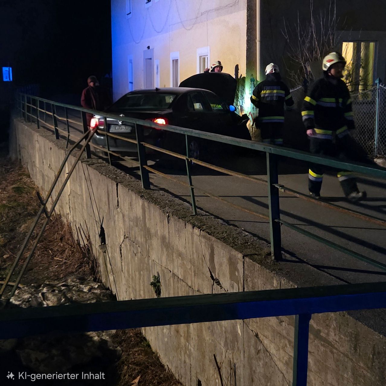 Feuerwehrleute in voller Montur gehen an einem geparkten Auto auf einer Straße bei Nacht vorbei. Die Motorhaube des Autos ist geöffnet, und ein Mann steht in der Nähe.