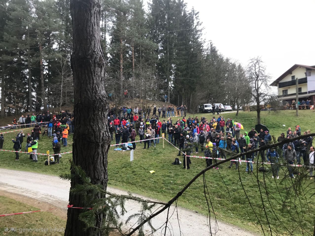 Eine große Menschenmenge versammelt sich auf einer grasbewachsenen Wiese mit einem Baumstamm im Vordergrund, einige tragen Jacken und Mützen. Das Feld ist von Bäumen umgeben und einige Autos sind in der Nähe geparkt. Ein weißes Auto ist am Straßenrand geparkt.