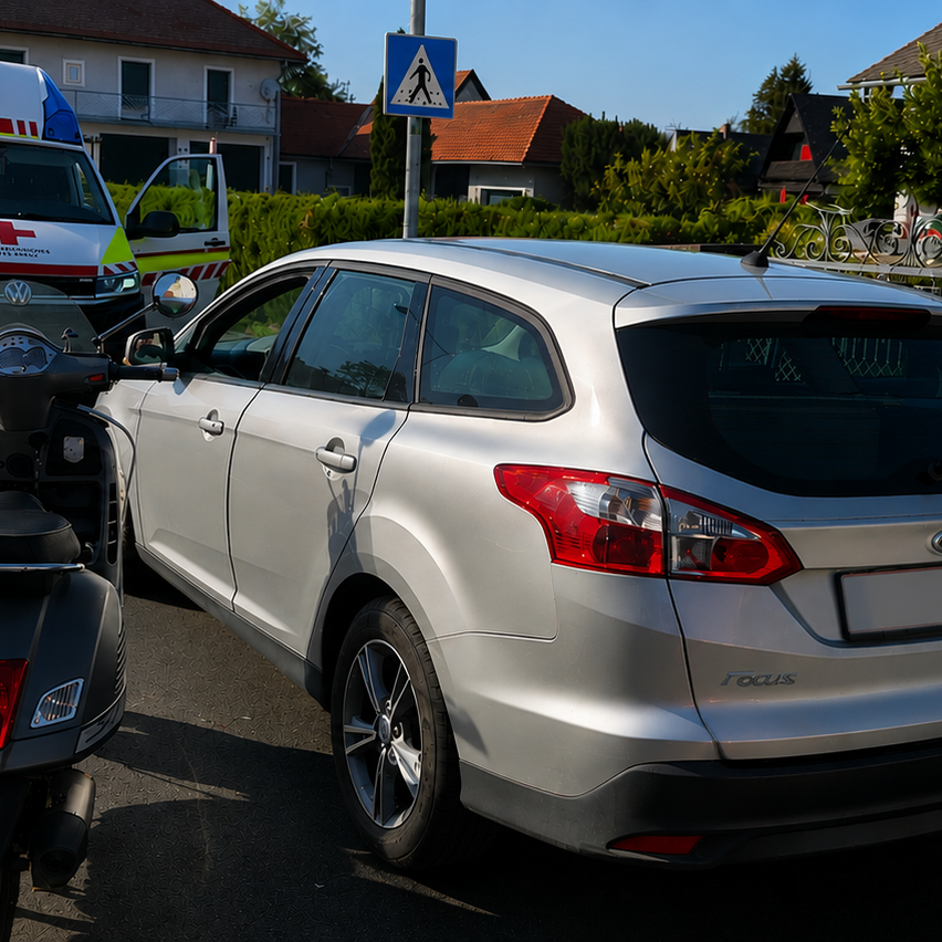 A silver Ford Focus is parked on a street, with a motorcycle to the left and an ambulance behind it. The car's rear lights are on, and there's a pedestrian crossing sign in the background.