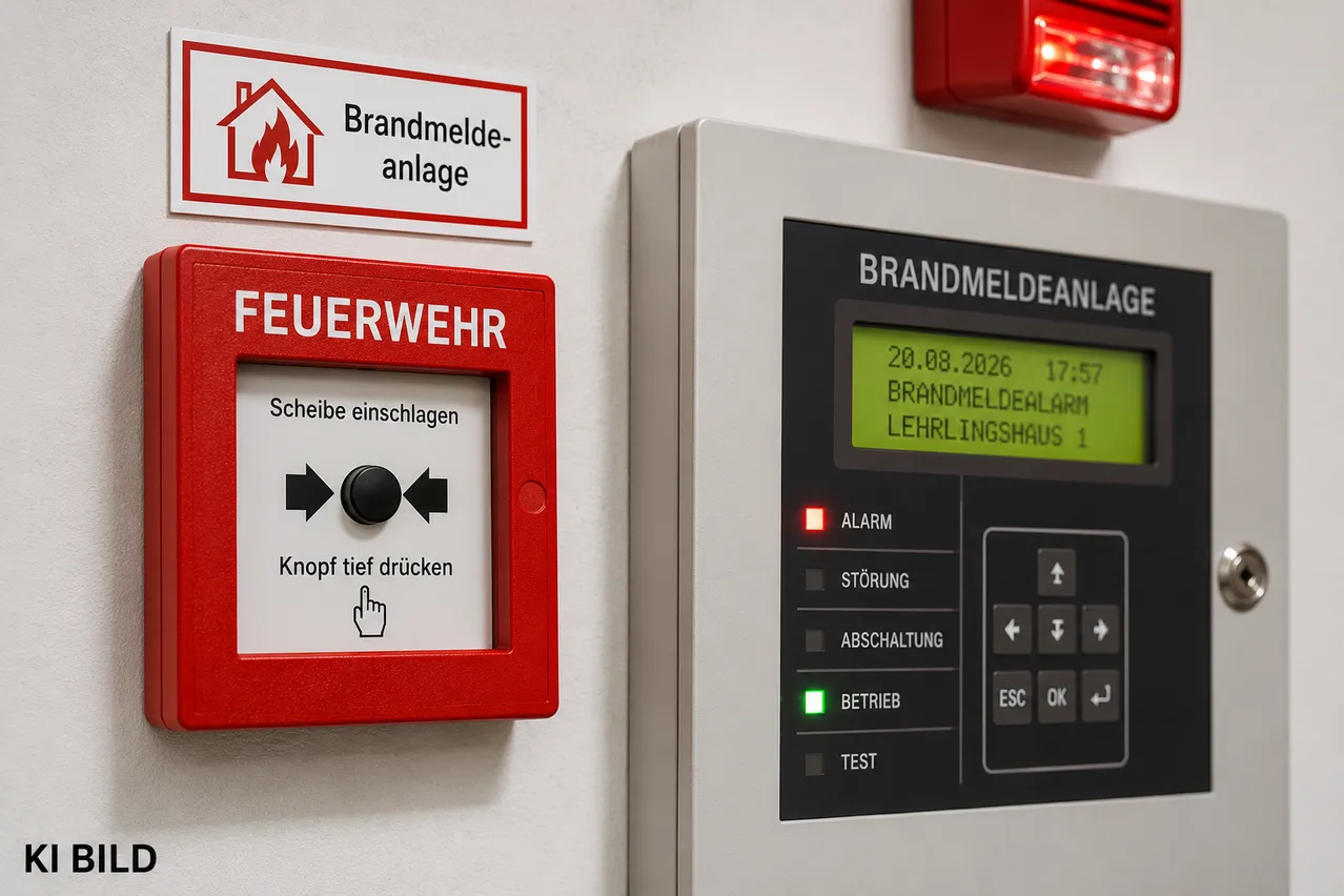 Ein roter Feueralarmkasten mit einem Knopf und der Anweisung, ihn tief zu drücken, neben einem Feueralarm-Steuergerät mit einem grünen Bildschirm, der Datum und Uhrzeit anzeigt, und einem Schild darüber, das 'Brandmeldeanlage' besagt.