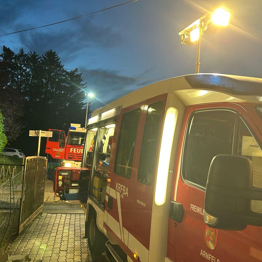 Ein roter Feuerwehrwagen mit eingeschalteten Lichtern steht nachts in einer Einfahrt. Ein weiterer Feuerwehrwagen ist dahinter geparkt.