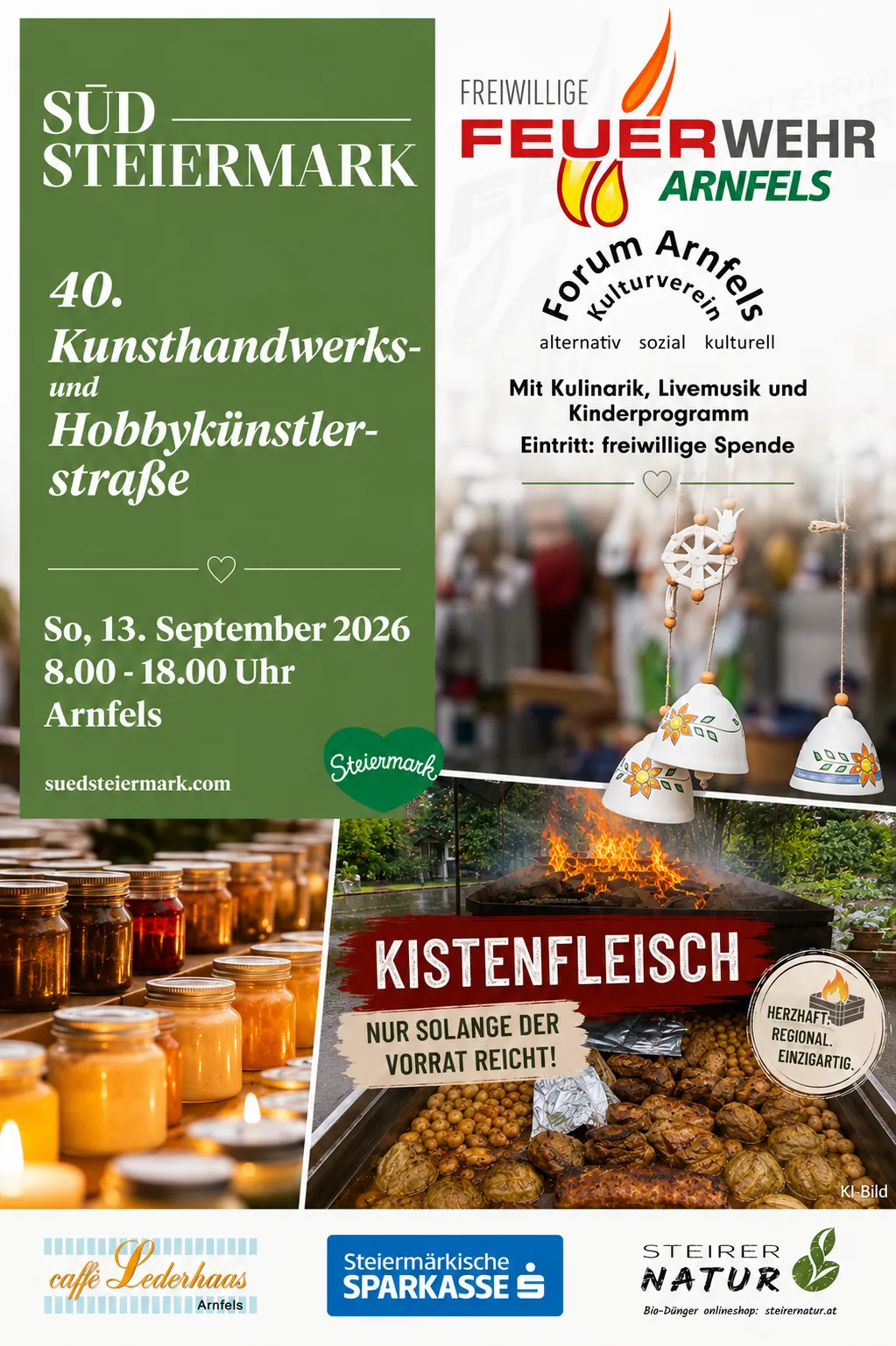 Plakat für den 40. Kunst- und Hobbykünstlermarkt in Arnfels mit Feuerstelle, Gläsern und Dekorationsartikeln. Die Veranstaltung umfasst Kulinarik, Livemusik und ein Kinderprogramm. Datum: 13. September 2026, von 8:00 bis 18:00 Uhr. Eintritt: freiwillige Spende.