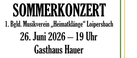 Eine Gruppe von Musikern in traditioneller Kleidung steht auf einem Feld mit Fahnen. Der Text 'Sommerkonzert' und ein Datum und eine Uhrzeit für eine Veranstaltung sind enthalten.