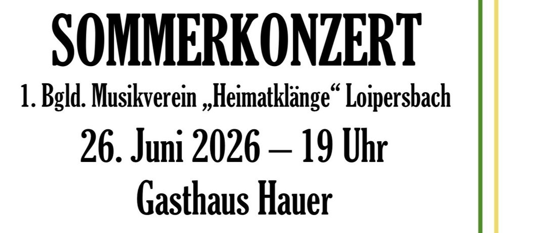 Eine Gruppe von Musikern in traditioneller Kleidung steht auf einem Feld mit Fahnen. Der Text 'Sommerkonzert' und ein Datum und eine Uhrzeit für eine Veranstaltung sind enthalten.