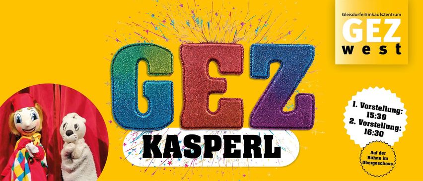 Ein leuchtend gelber Hintergrund mit farbenfrohen Buchstaben G, E und Z, zusammen mit dem Wort KASPERL in Schwarz. Die Buchstaben haben einen glitzernden Effekt und sind von bunten Sternen umgeben.