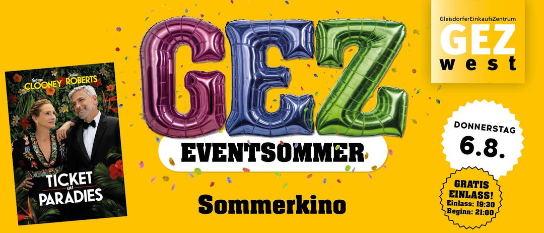 Ein buntes Plakat mit dem Wort 'GEZ' aus Folienballons in Lila, Blau und Grün. Der Hintergrund ist gelb mit Konfetti. Unter 'GEZ' steht 'EVENTSOMMER Sommerkino'.
