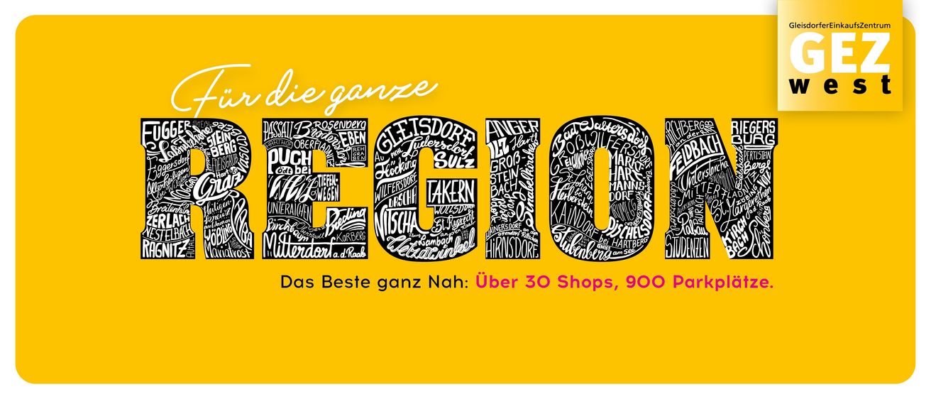 Das Bild zeigt einen leuchtend gelben Hintergrund mit großem schwarzem Text, der 'EGO' lautet. Darunter befinden sich kleinere Texte mit Namen von Städten und Sehenswürdigkeiten, und am unteren Rand steht 'Das Beste ganz Nah: Über 30 Shops, 900...'.