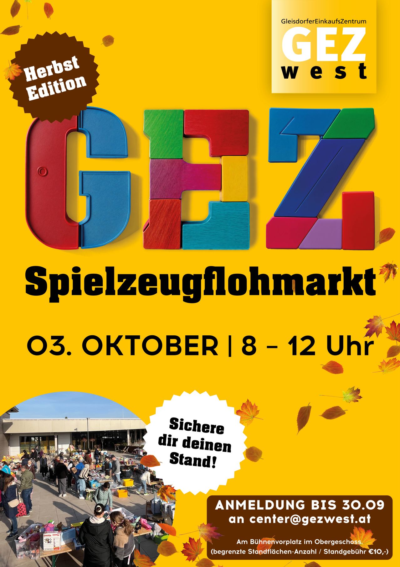 A colorful poster advertising a toy fair with the text 'Spielzeugflohmarkt' and the date '03. Oktober 8 - 12 Uhr'. The poster features a crowd of people and autumn leaves.
