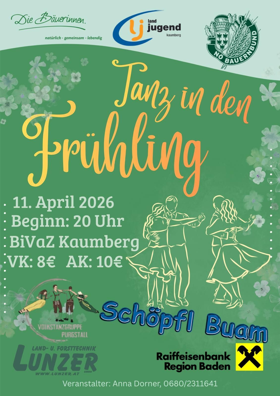 Plakat für 'Tantz in den Frühling' Veranstaltung. Datum: 11. April 2026. Beginn: 20 Uhr. Ort: BiVaZ Kaumberg. Ticketpreise: 8€. Illustration von tanzenden Paaren.