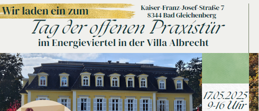 Plakat für einen Tag der offenen Praxistür im Energiezentrum in der Villa Albrecht. Es zeigt ein Familienfoto, Details über die Veranstaltung am 17. Mai 2025 und Aktivitäten wie Meditation, Fußreflexzonenmassage und einen Vortrag von Prof. Klaus Zapotoczky.