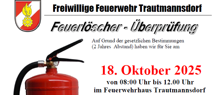 Das Bild zeigt einen Feuerlöscher, ein Datum und Informationen über eine Feuerlöscher-Überprüfung. Das Datum ist der 18. Oktober 2025. Es gibt einen Hinweis, dass man seinen eigenen Feuerlöscher zur Überprüfung mitbringen soll.