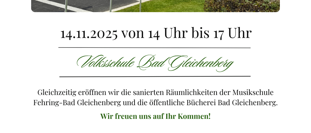 Einladung zum Tag der offenen Tür an der Volksschule Bad Gleichenberg am 14.11.2025 von 14 Uhr bis 17 Uhr. Zeigt ein rosa Gebäude mit Fahnen und klarem Himmel.