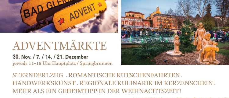 Ein Plakat für den Adventmarkt in Bad Gleichenberg, Österreich, mit einer verschneiten Krippenszene, einem gelben Schild 'Bad Gleichenberg Advent' und Informationen über Sterngucken, romantische Pferdeschlittenfahrten und kulinarische Genüsse.
