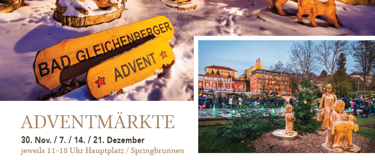 Eine Werbung für Adventmärkte in Bad Gleichenberger mit Krippen und Weihnachtsdekorationen. Es zeigt Sternenlicht, romantische Kutschenfahrten, Handwerkskunst, regionale Kulinarik und mehr als einen Geheimtipp in der Weihnachtszeit.