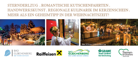 Werbung für Weihnachtsmärkte. Termine: 30. November, 7., 14. und 21. Dezember. Veranstaltungen umfassen Sternenbeobachtung, romantische Schlittenfahrten, Handwerkskunst, regionale Küche und mehr.