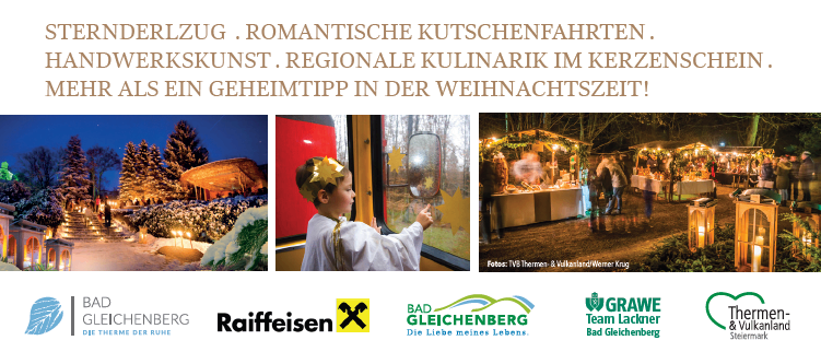 Werbung für Weihnachtsmärkte. Termine: 30. November, 7., 14. und 21. Dezember. Veranstaltungen umfassen Sternenbeobachtung, romantische Schlittenfahrten, Handwerkskunst, regionale Küche und mehr.