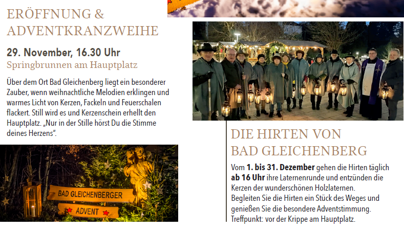 Ein Plakat bewirbt die Eröffnung und Adventkranzweihe in Bad Gleichenberg am 29. November, 16:30 Uhr. Es zeigt eine Gruppe von Menschen mit Laternen.