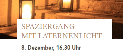 Das Bild zeigt abends leuchtende Laternen. Es wirbt für einen Spaziergang mit Laternenlicht am 8. Dezember um 16:30 Uhr, beginnend am Krippe am Hauptplatz. Die Teilnahme ist kostenlos.
