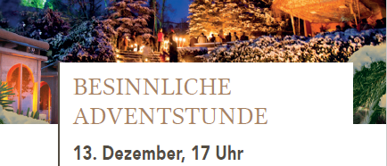 Werbeplakat für eine besinnliche Adventsveranstaltung. Es zeigt einen gemütlichen Pavillon im Park, Bäume im Hintergrund und versammelte Menschen. Der Text lautet 'Besinnliche Adventstunde' und enthält Details zum Veranstaltungsdatum, zur Uhrzeit und zum Ort.