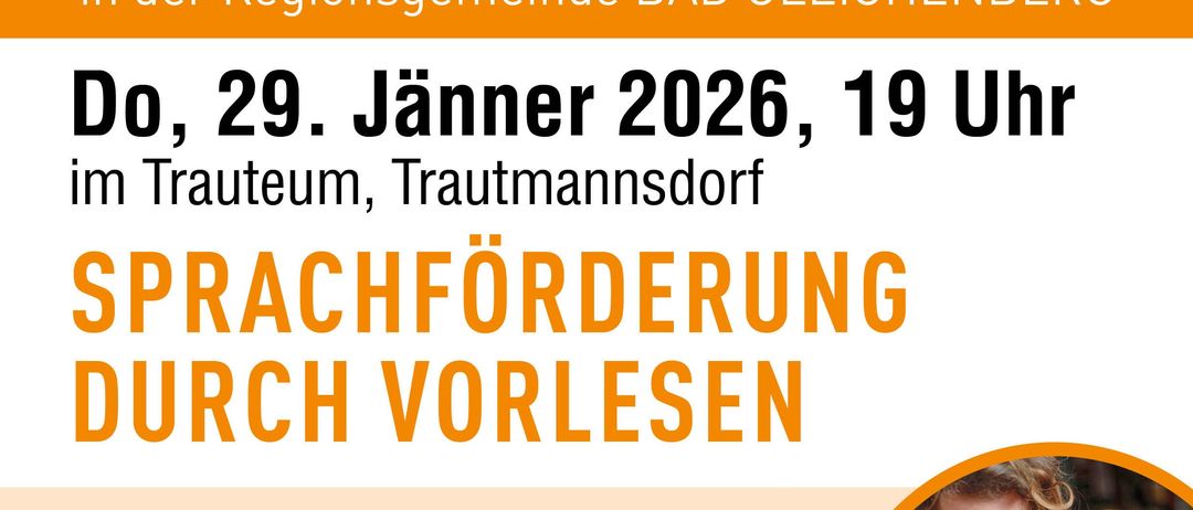 Plakat für eine Eltern-Kind-Bildungsveranstaltung in Bad Gleichenberg am 29. Jänner 2026 um 19 Uhr. Es betont die Bedeutung des Vorlesens für die Entwicklung von Kindern und die positive Bindung, die es schafft. Die Veranstaltung wird von Mag. Brigitte Sommer veranstaltet.