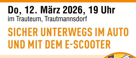 Plakat für eine Eltern-Kind-Bildungsveranstaltung in Bad Gleichenberg, 12. März 2026, 19 Uhr. Die Veranstaltung befasst sich mit der Sicherheit im Auto und mit E-Scootern, wobei die Bedeutung der Kindersicherheit hervorgehoben wird.