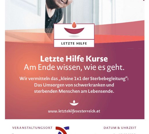 Ein Flyer für einen Hospizkurs. Das Bild zeigt eine ältere Frau, die aus einem Fenster schaut. Der Text verspricht, über die Sterbebegleitung zu lehren. Die Veranstaltung ist für den 13.03.2026 von 16:00 bis 20:00 in Trautmannsdorf 255, 8543 Trautmannsdorf geplant. Die Kosten betragen 10€ für Hospizbegleiter.