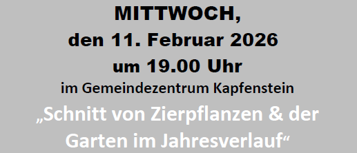 Plakat für Kapfenstein-Vortrag mit einer verschneiten Landschaft, einer Kirche und Bergen im Hintergrund. Datum: Mittwoch, 11. Februar 2026, Zeit: 19.00 Uhr. Veranstaltung: Schnitt von Zierpflanzen & Garten im Jahresverlauf. Veranstalter: Gemeinde Kapfenstein. Referent: Dr. Helmut Pirc, Dendrologe.