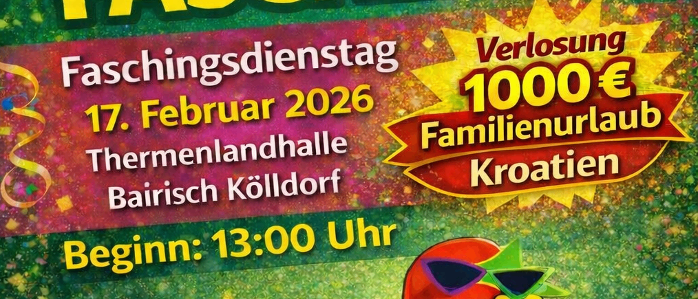 Werbeplakat für das Faschingsdienstag-Event am 17. Februar 2026. Zeigt einen Clown, ein Hüpfburg und den Slogan 'Essen & Getränke.' Bietet Familienurlaub in Kroatien und 1000€ Preis. Beginn um 13:00 Uhr.
