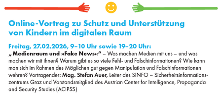 Werbeplakat für einen Familientag zum Schutz und zur Unterstützung von Kindern im digitalen Raum. Es enthält einen QR-Code und zusätzliche Links zur Anmeldung. Die Veranstaltung findet am 27.02.2026 mit Sitzungen von 9-10 Uhr und 19-20 Uhr statt.
