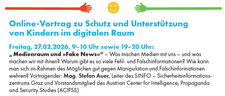 Werbeplakat für einen Familientag zum Schutz und zur Unterstützung von Kindern im digitalen Raum. Es enthält einen QR-Code und zusätzliche Links zur Anmeldung. Die Veranstaltung findet am 27.02.2026 mit Sitzungen von 9-10 Uhr und 19-20 Uhr statt.