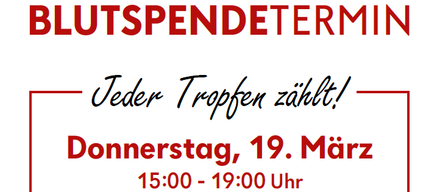 Plakat für eine Blutspende-Veranstaltung. Es steht 'Jeder Tropfen zählt!' Das Event findet am Donnerstag, 19. März, von 15:00 bis 19:00 Uhr statt. Ort: Trautmannsdorf, Trautmannsdorf 255. QR-Code für die Blutspende-App.