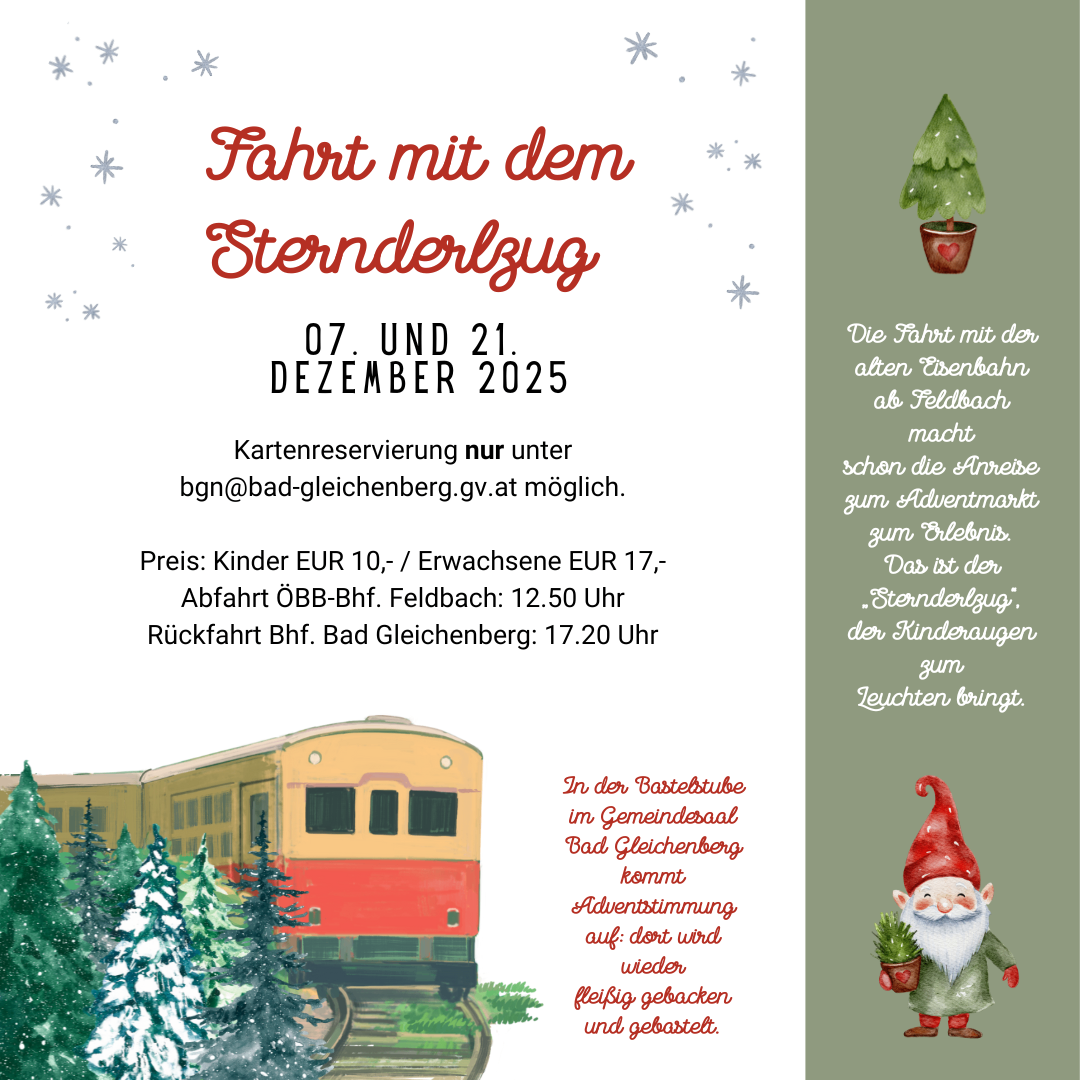 Poster für eine Weihnachtszugfahrt mit dem Stern von Bethlehem am 7. und 21. Dezember 2025. Tickets können über eine bestimmte E-Mail reserviert werden. Die Preise für Kinder und Erwachsene sind aufgeführt. Ein Zug mit Weihnachtsbäumen und einem Zwerg ist abgebildet.