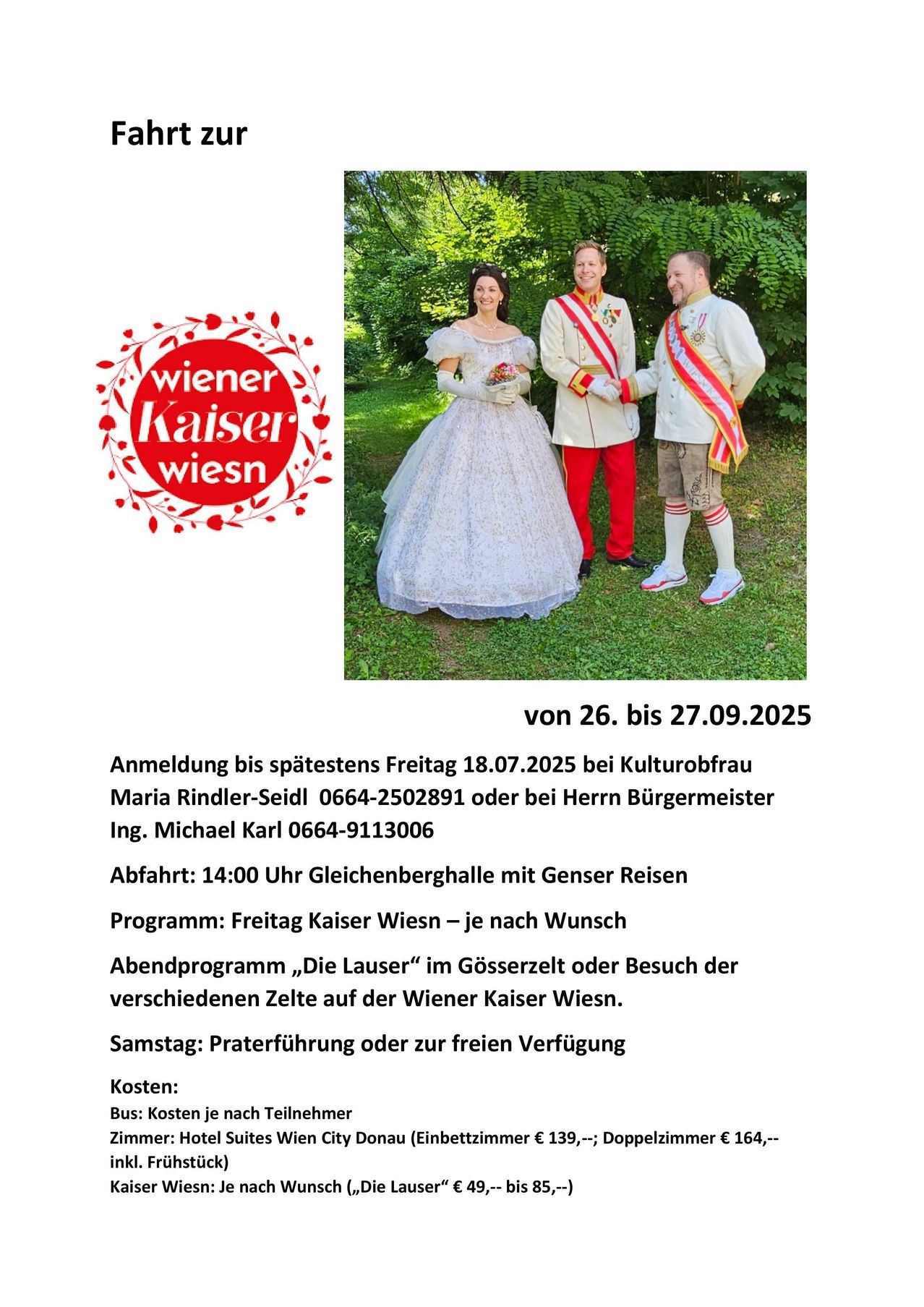Plakat mit einer Frau in einem weißen Kleid und zwei Männern in traditionellen österreichischen Uniformen. Es enthält Details zu einer Veranstaltung vom 26. bis 27.09.2025 mit Anmeldeinformationen und einem Zeitplan.