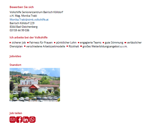 Das Bild zeigt eine Webseite für Stellenangebote im Volkshilfe Seniorenzentrum Bairisch Kölldorf, mit verschiedenen Vorteilen und einem Foto des Standorts.