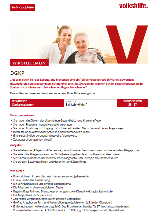 Das Bild zeigt eine Stellenanzeige für eine Pflegekraft in einem Seniorenzentrum. Es zeigt zwei Frauen, eine jung und eine älter, die lächelnd zusammenstehen. Die Anzeige betont die Bedeutung der Altenpflege und die Möglichkeit, Pflege mit Würde zu leisten. Es werden Qualifikationen, Aufgaben und angebotene Vorteile aufgelistet.