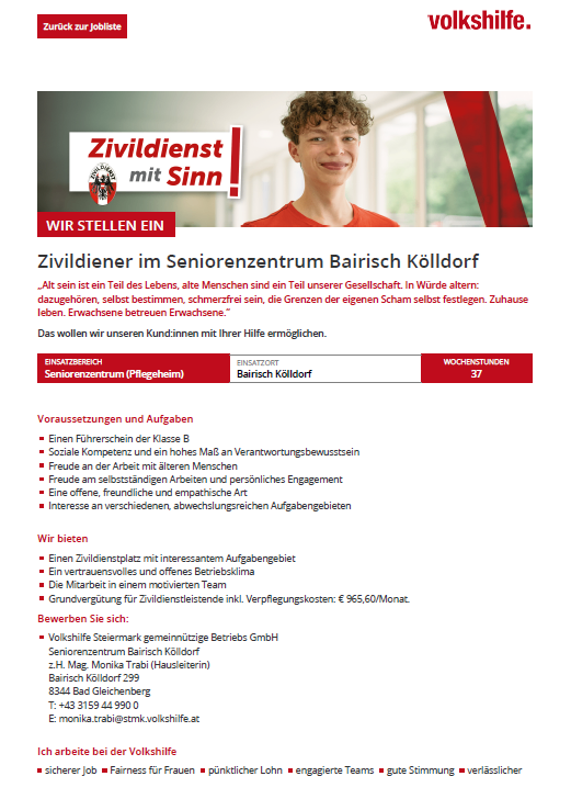 Ein Bild einer Stellenanzeige für den Zivildienst in einem Seniorenzentrum, mit einem lächelnden jungen Menschen, Jobanforderungen, Vorteilen und Kontaktinformationen.