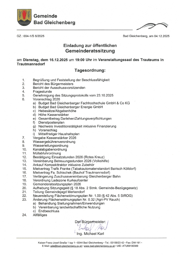 Einladung zur öffentlichen Gemeinderatssitzung am Dienstag, dem 16.12.2025 um 19:00 Uhr im Veranstaltungssaal des Trautemannsdorf. Tagesordnung umfasst Beschlussfähigkeit, Bürgermeisterbericht, Ausschüsse, Fragen, Protokollvorschlag und weitere Punkte.