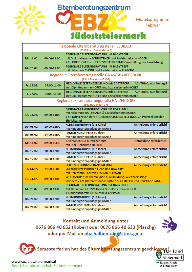 The document lists various regional parenting counseling centers in Germany, including locations, dates, and activities such as baby feeding sessions, family groups, and special workshops. Each entry provides details on the date, time, and specific activities offered. Registration is required for some sessions. Contact information is provided at the bottom.
