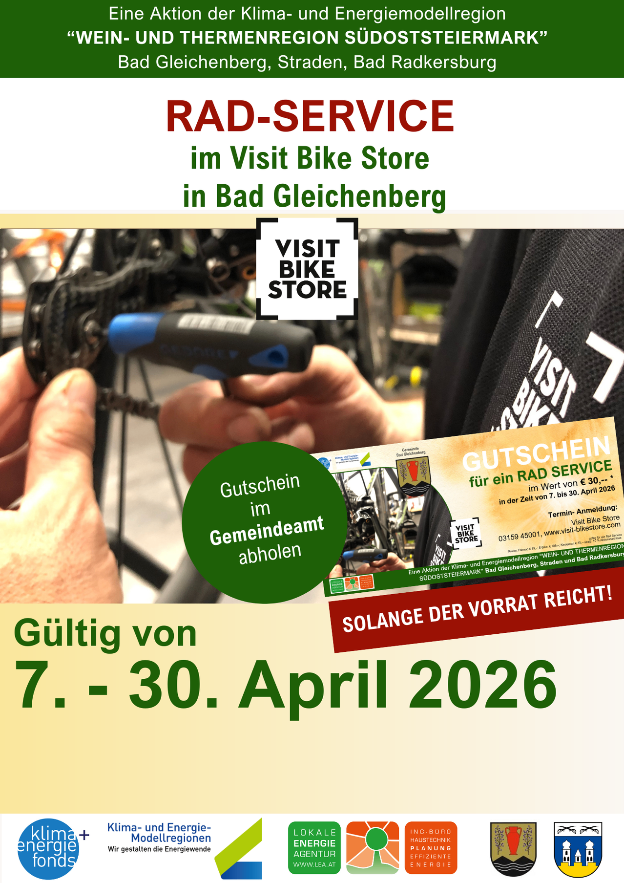 A promotional poster for Visit Bike Store in Bad Gleichenberg, showcasing a bicycle part being fixed. It includes a voucher for bike service. Valid from April 7 to 30, 2026.