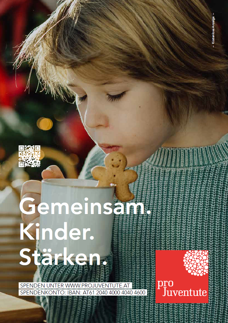 A child is drinking from a cup with a gingerbread cookie, wearing a green sweater with a Christmas tree in the background. The words 'Gemeinsam. Kinder. Starken.' are written on the image.