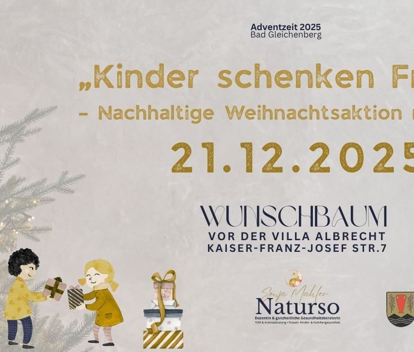 Plakat für eine nachhaltige Weihnachtsgeschenkaktion für Kinder. Es steht 'Kinder schenken - nachhaltige Weihnachtsaktion'. Datum ist der 21. Dezember 2022. Ort ist vor der Villa Albrecht. Geschenkboxen sind abgebildet.