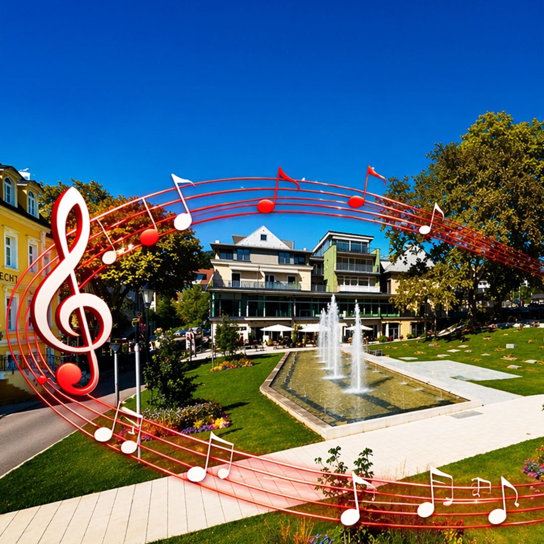 A park with a fountain, surrounded by buildings with red music notes on a sunny day.