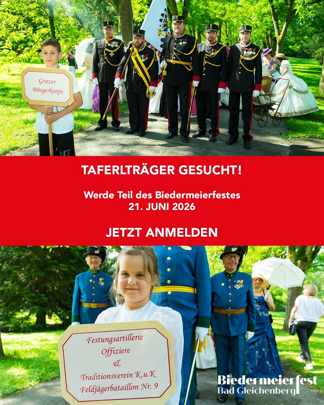 Eine Werbung für das Biedermeier-Festival am 21. Juni 2026 zeigt einen Jungen mit einem Schild und ein Mädchen in historischen Kostümen. Dahinter stehen Menschen in Uniformen und ein Kinderwagen ist zu sehen.