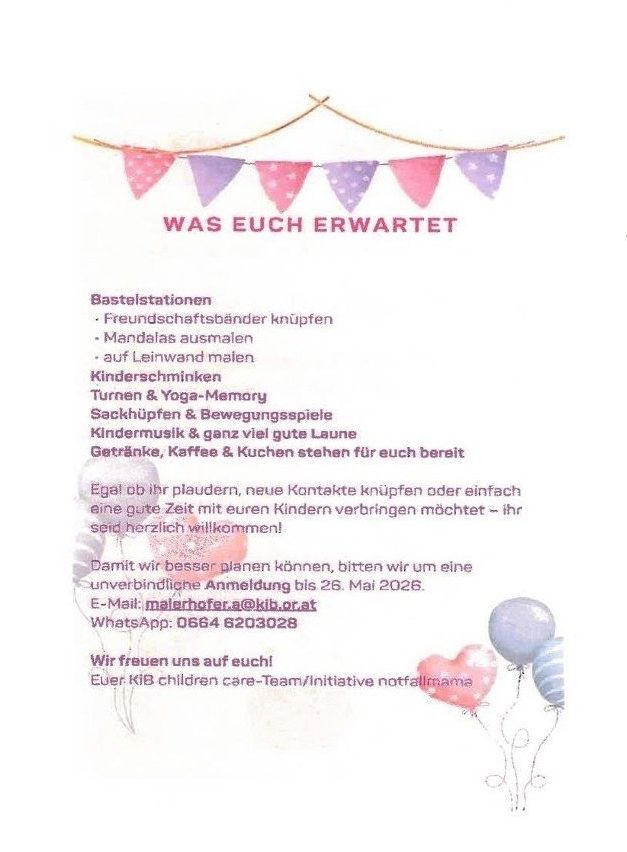 Eine Einladung für Kinder zu einer Veranstaltung mit Bastelstationen, Mandala-Malen, Zeichnen auf Leinwand, Kinderspielen, Yoga, Gedächtnisspielen, Sackhüpfen und Bewegungsspielen. Die Veranstaltung bietet Musik, Getränke, Kaffee und Snacks. Anmelden bis 26. Mai 2026.