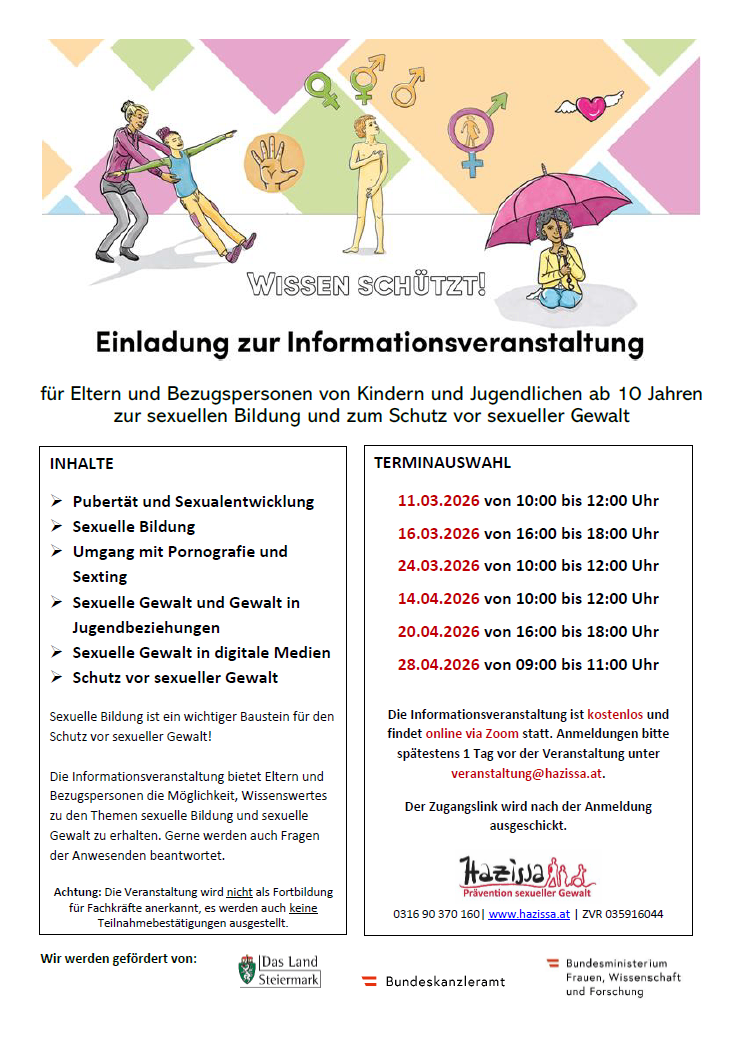 Der Flyer lädt Eltern und Bezugspersonen von Kindern und Jugendlichen über 10 Jahren zu einer kostenlosen Informationsveranstaltung über sexuelle Bildung und Schutz vor sexueller Gewalt ein. Sitzungen behandeln Themen wie Pubertät, sexuelle Entwicklung und Schutz vor sexueller Gewalt. Registrierung und Besprechungslinks werden bereitgestellt.