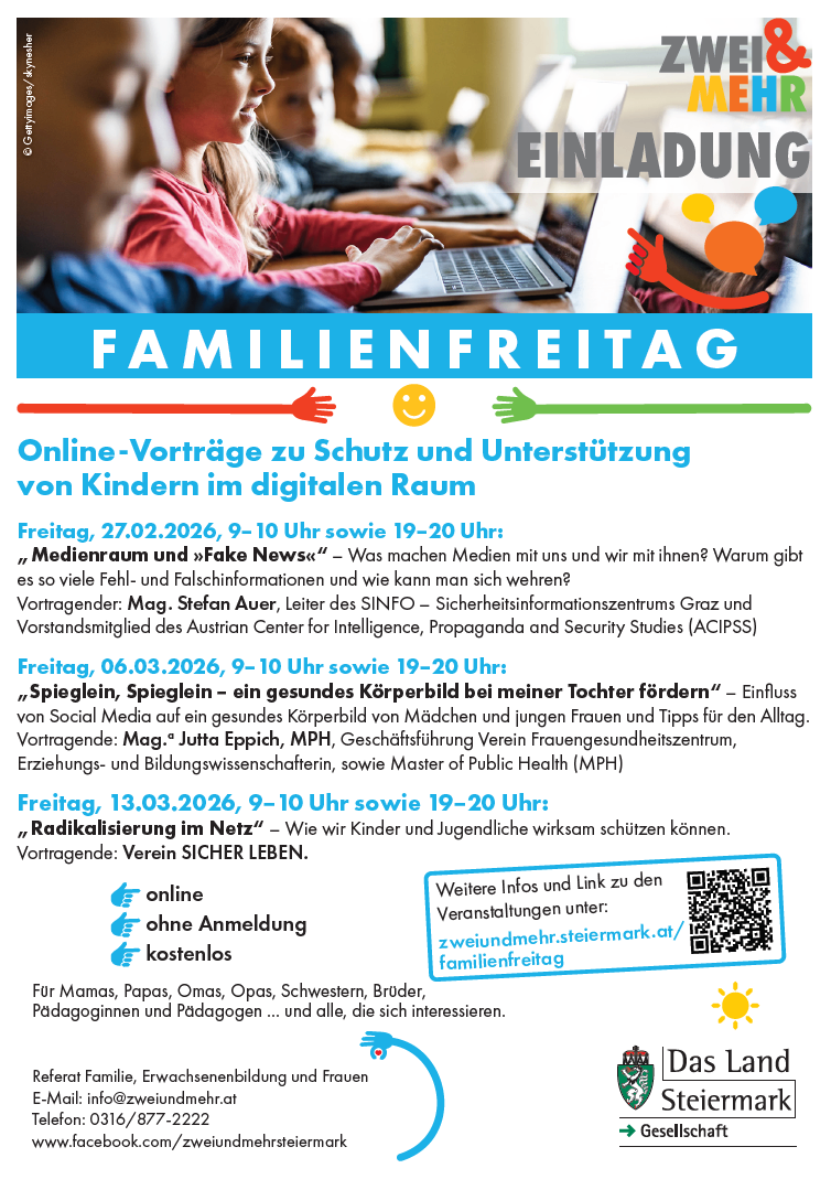 Plakat für eine Reihe von Online-Vorträgen mit dem Titel 'Familienfreitag' über den Schutz und die Unterstützung von Kindern im digitalen Raum. Termine und Themen sind aufgeführt. Die Veranstaltung ist kostenlos und es ist keine Anmeldung erforderlich.