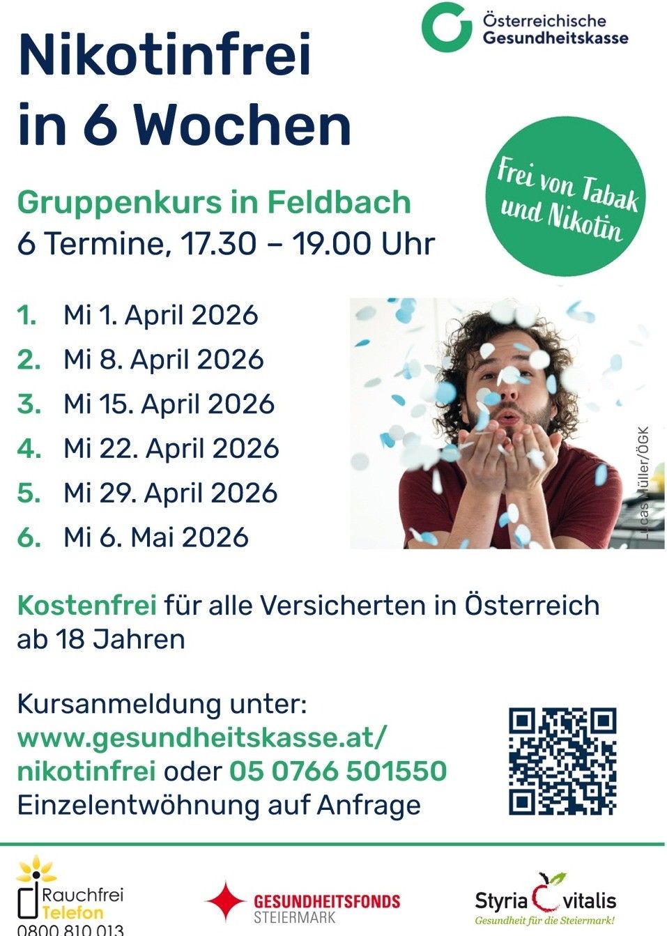Werbeplakat für einen kostenlosen Gruppenkurs zum Rauch- und Nikotinentzug. Sechs Termine vom 1. April bis 6. Mai 2026, von 17:30 bis 19:00 Uhr. Kostenlos für alle Versicherten in Österreich ab 18 Jahren. Anmeldung unter www.gesundheitskasse.at/nikotinfrei oder 05 0766 501550.