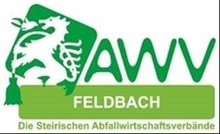 Das Logo für AWV Feldbach, mit einem grünen Löwen und dem Text 'AWV FELDBACH' in fettem grünem Schriftzug auf weißem Hintergrund. Darunter steht der Text 'Die Steirischen Abfallwirtschaftsverbände' in kleineren grünen Buchstaben.